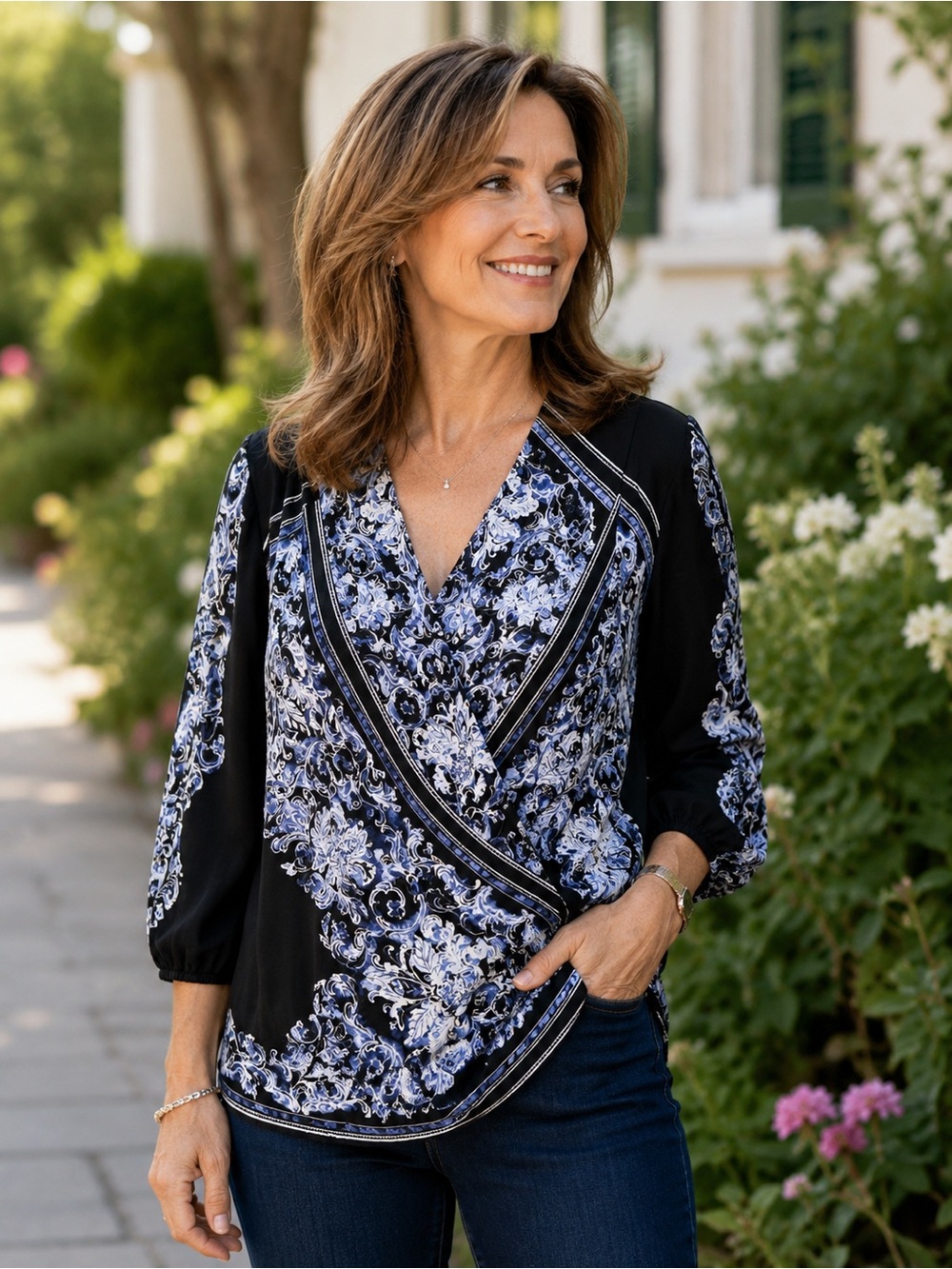White House Black Market Blue & Black Scroll Print Faux Wrap Blouse Size 14